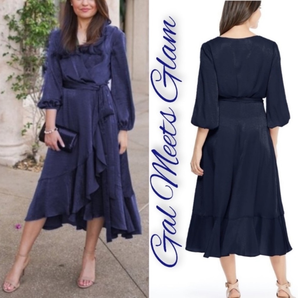 GAL MEETS GLAM Jennifer Shimmer Satin Wrap Dress